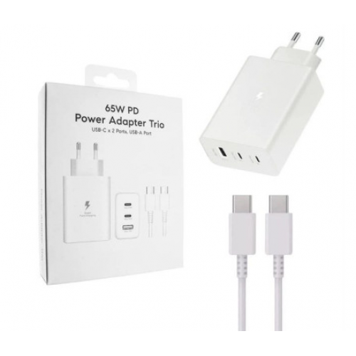 Мережевий зарядний пристрій Samsung Original 65W (2USB-C+USB-A) No Logo + кабель Type-C to Type-C- білий